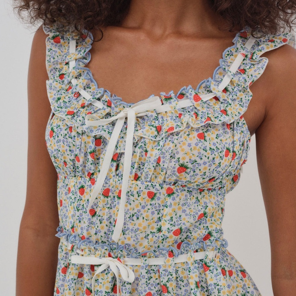 For Love & Lemons Strawberry Kiss Ruffled Floral Cotton Mini Dress, NWT, Size L - Picture 2 of 13